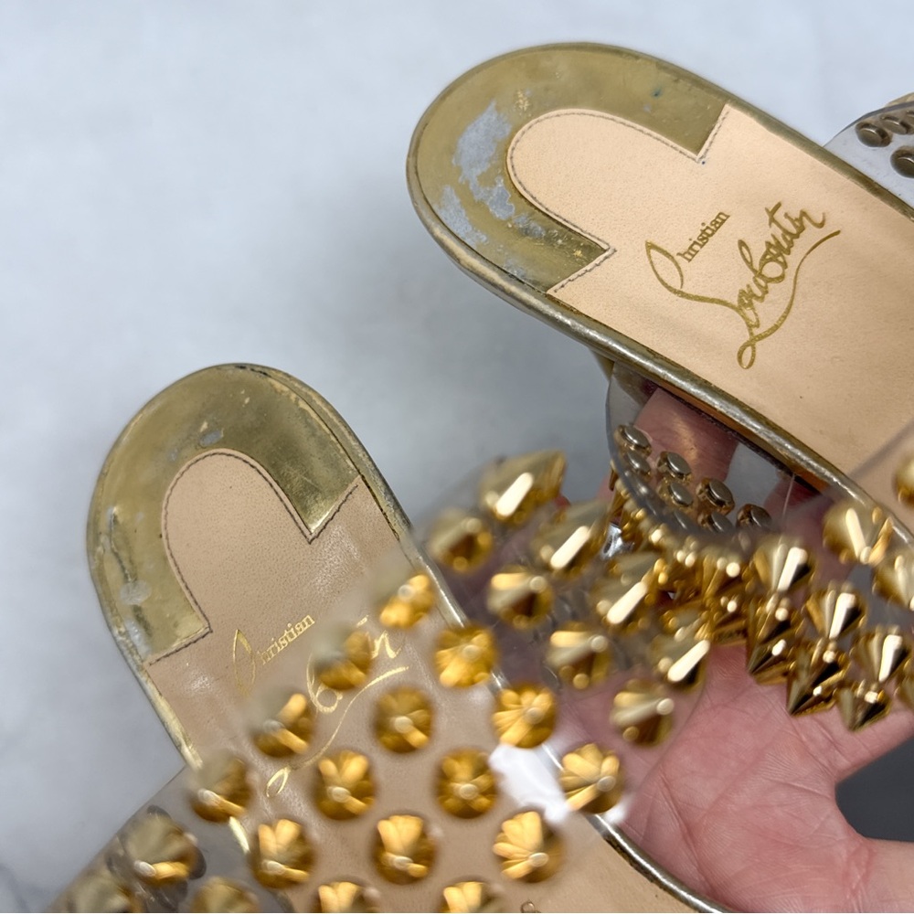 Christian Louboutin Spikes Only PVC Chrome Open Toe Mule Sandal Heels Gold 42 - Picture 9 of 16